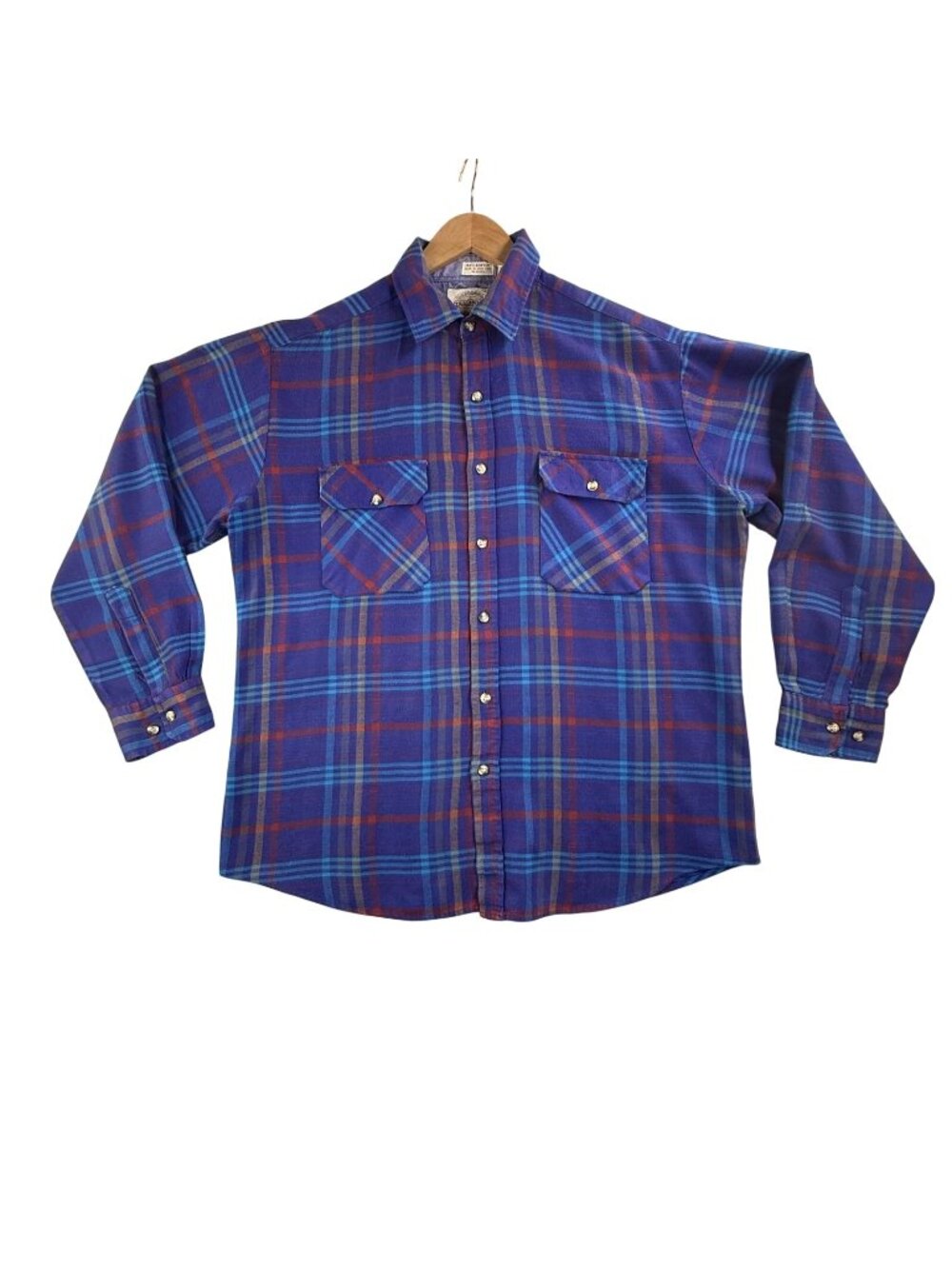 Vintage Saugatuck Shirt Men Large Blue Plaid Long Sleeve Flannel Pockets Western